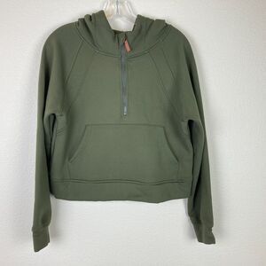 Laslulu Women's Cropped Hoodie Size M Green Scuba Knit Fabric Kangaroo Pocket